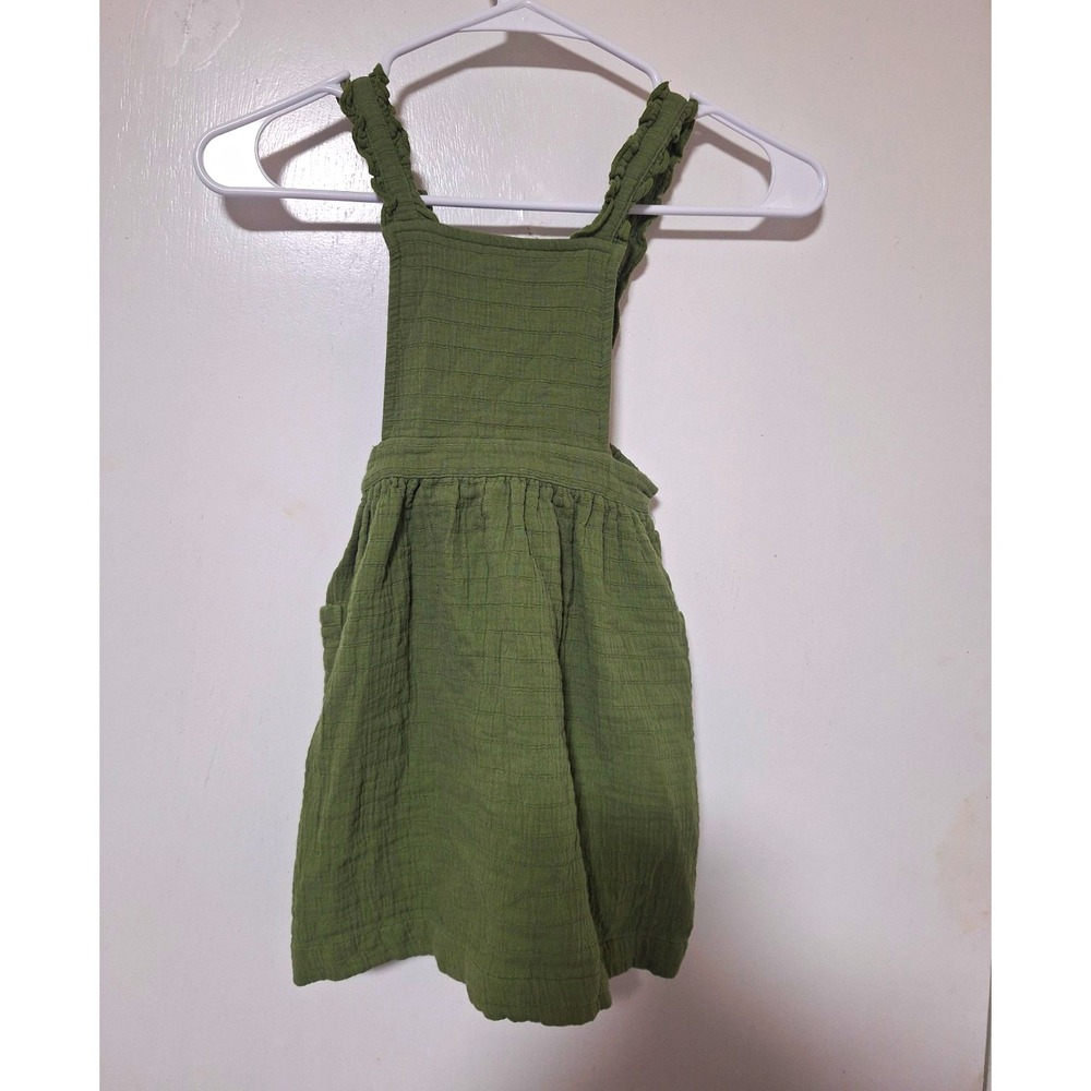 Cat & Jack Girls 5T Sage Green Gauze Overall Dress Pinafore Ruffle Pocket Cotton